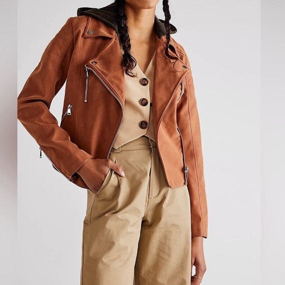 Free People Women’s Harriett Vegan Suede Hooded Moto Jacket In Tortoise Sz:L New - Picture 1 of 14